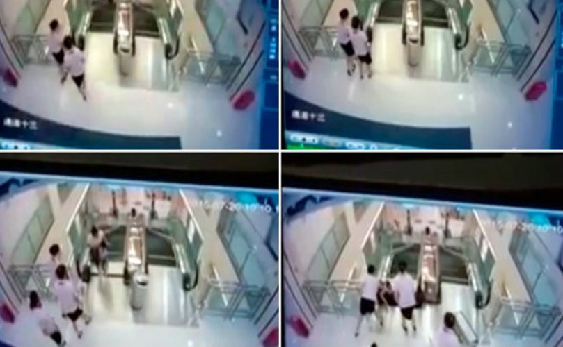 Las cámaras de seguridad registraron el momento justo cuando un escalón se hundió 